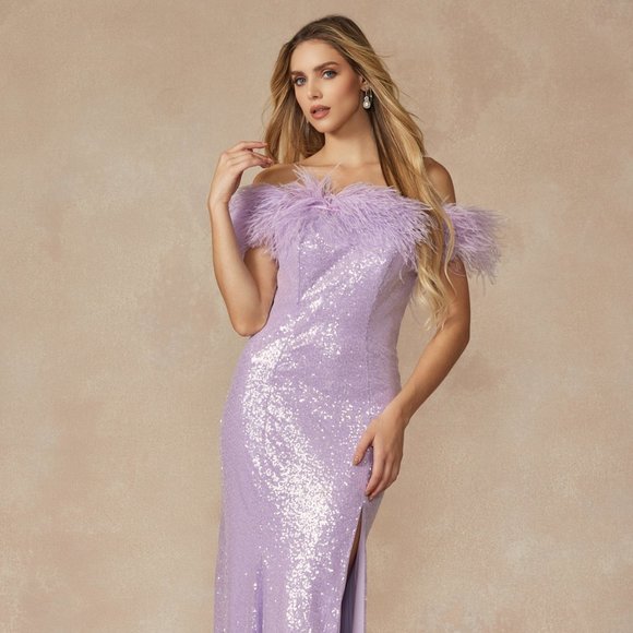 NEW OFF SHOULDER SLEEVELESS DRESS EMBROIDERED WITH SEQUINS AND FEATHERS JT 292 - Picture 1 of 9